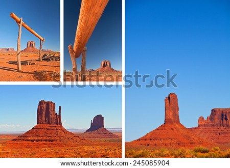 Nature in Monument Valley Navajo Park, Utah USA collage of photos from famous red rock and sand formations, desert landmark, summer colorful landscapes on a sunny day with blue sky