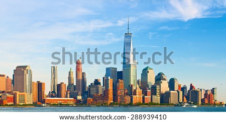New York City, financial business buildings in Manhattan on a late summer afternoon