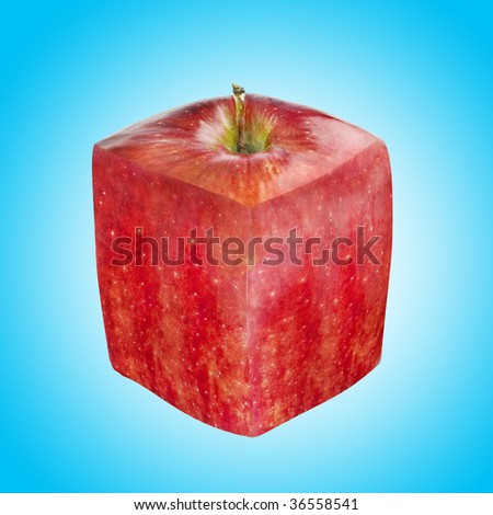 Square red apple photo montage with clipping path,  concept of different vision. Suggested background