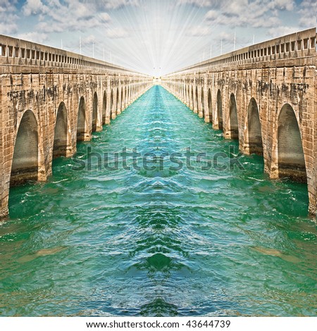 Infinity bridges and emerald green waters show the path to the light, concept of optimism, direction, success and bright future. Copyspace for your text.
