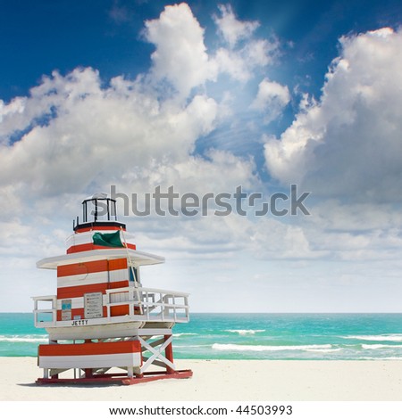Typical colorful Lifeguard house in Miami Beach Florida on a beautiful sunny day