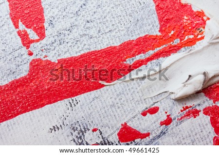 Abstract art textured background, closeup fragment from a colorful oil and mix media painting on canvas in red white and black tones