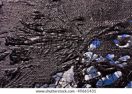 Abstract art rough textured background, closeup fragment from a colorful oil and mix media painting on canvas in blue  white and black tones
