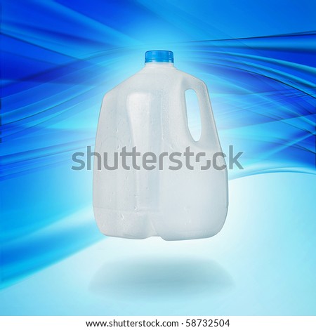 Concept of clean water and recyclable packaging. Plastic white bottle of one gallon against a blue abstract background