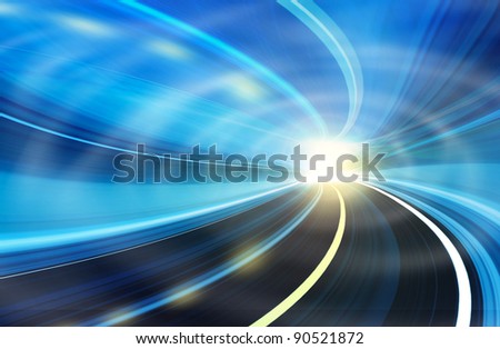 Abstract speed motion in urban highway road tunnel, blurred motion toward the light. Computer generated colorful illustration