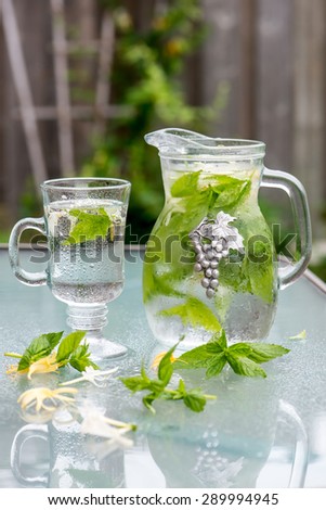 Chill! Cool down with soothing  herbal cold drink in summer time - ice water with fresh honeysuckle flowers and mint from the garden.