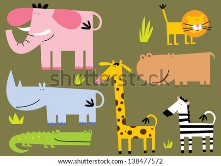 African Animal.Set Of Seven Different Stile African Animal.