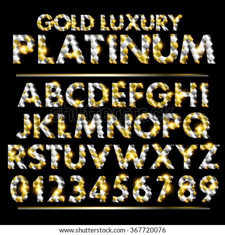 Vector Gold And Platinum Metal Font. Metallic Luxury Font And Numbers