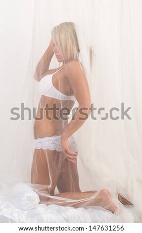 Seductive girl in lingerie on the bed with canopy