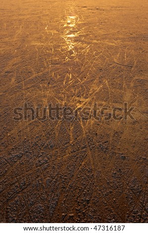 skate tracks on ice during sunset