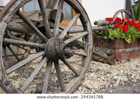 old cart and red geraniums in the tub