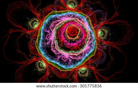 Fractal flower in red, yellow, purple colors.Fractal art background for creative design. Decoration for wallpaper desktop, poster, cover booklet. Abstract flower, abstract texture
