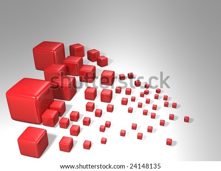 A set of smooth red reflecting cubes starting out large on the left corner of the image and spreading out getting smaller towards the right