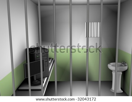 Computer placed in a prison, concept for computer security. Quarantined due to malware infection