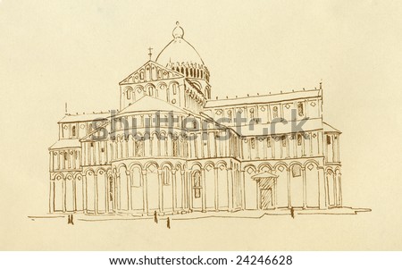 Pisa romanesque dome: freehand draw, hand made with nib  and india ink color sepia.