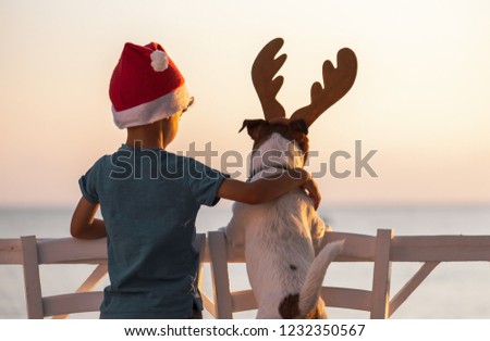 Christmas on a beach concept with boy wearing Santa Clause hat and dog with reindeer antlers headband