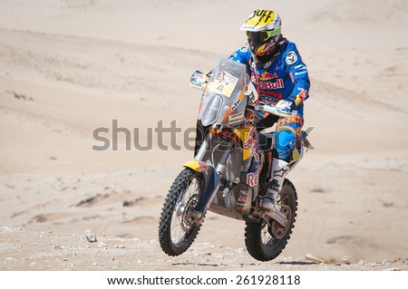 Atacama Desert, Copiapa, CHILE. January 07, 2015. Bike rider Spanish pilot JORDI VILADOMS race on the sand dunes of the Atacama Desert in Chile during the Chilean stage of Dakar Rally 2015.