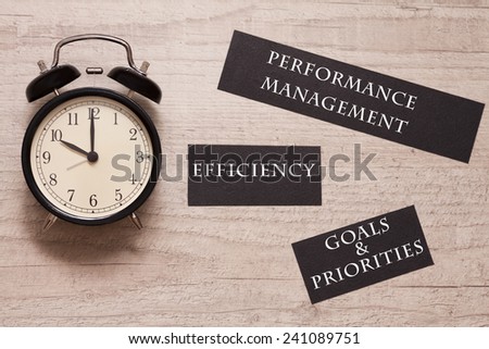 alarm clock and signs indicating performance management, efficiency, goals and priorities