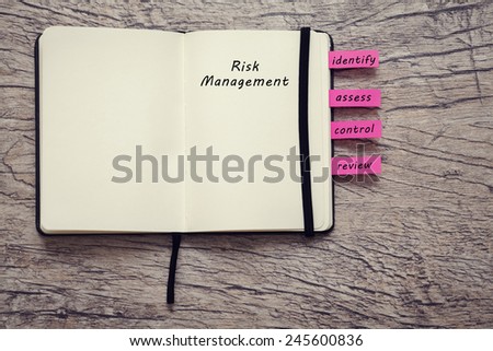 book for notice with words risk management, identify, assess, control and review on the wooden background.business concept