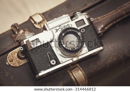 VORONEZH, RUSSIA - 7 SEPTEMBER, 2015: Vintage Soviet and Ukrainian brand of photographic equipment - Kiev 4AM with Helios-103 1:1.8/53 mm lens - manufactured by the Arsenal Factory in Kyiv,Ukraine.