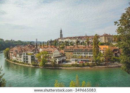 BERN, SWITZERLAND - SEPTEMBER 23, 2014:  View to the old town of the swiss capital city of Bern. With a population of 140,634 (November 2015), Bern is the fourth most populous city in Switzerland.