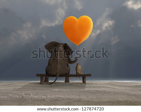 Elephant And Dog Holding A Heart Shaped Balloon