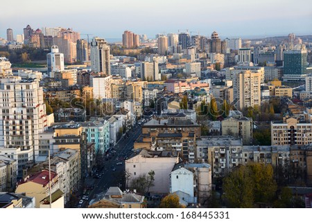 KIEV, UKRAINE - OCTOBER 28, 2013: Evening view of Kiev city from skyscraper roof