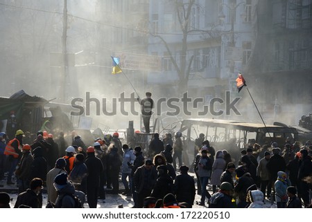 KIEV, UKRAINE - JANUARY 20, 2014: Anti-government protest in Kiev,  Grushevsky str.  Mass meeting for the government\'s resignation.