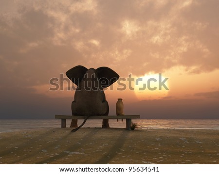 elephant and dog sit on a summer beach