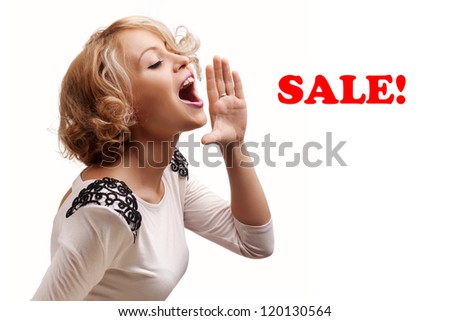 young blonde woman shout and scream using her hands as tube, studio shoot isolated on white