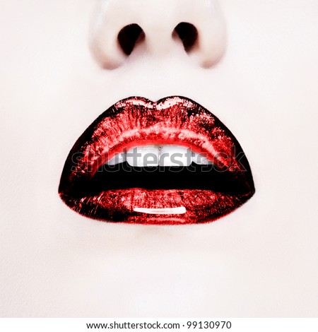 Glamour Red gloss lips with sensuality gesture Glamour Red gloss lips with sensuality gesture