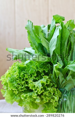 Fresh green sheet lettuce and sorrel\
on a canvas.
