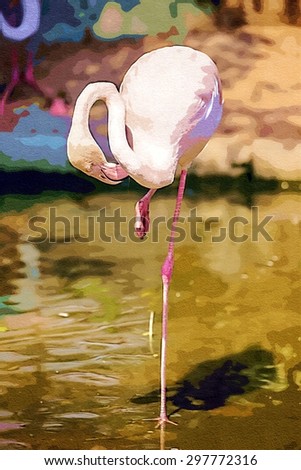 Flamingo stand on the lake with one leg .Create color gouache concept.