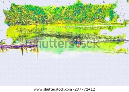 Boating in the lake surrounded by mountains. With water color drawing concept.