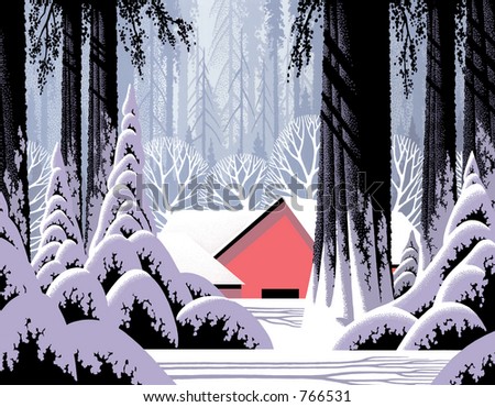 Winter Scene with Red Barn / Image from an original 14x18 illustration by Larry Jacobsen. / S-022