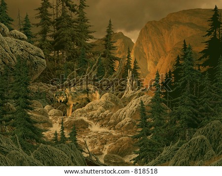 Wolf in the Rocky Mountains Image from an original 18x24 painting by Larry Jacobsen. / AF-061
