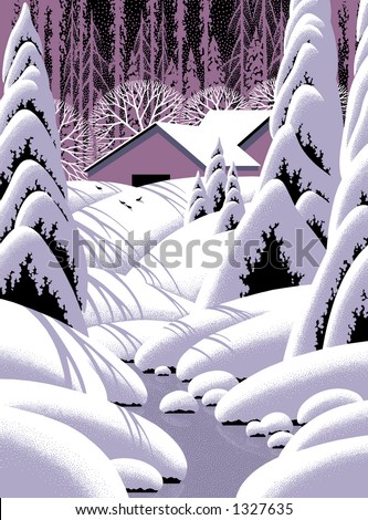 Barn Snow Scene Landscape / Stylized version of a winter landscape. / SN-101