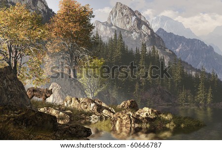 Wolf near a lake in a Rocky Mountain landscape.