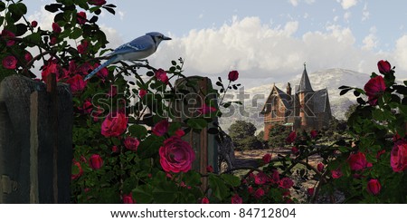 A countryside Victorian mansion with climbing rose covered fence, and blue jay.