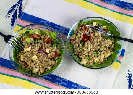 Farro salad with mozzarella cheese, cherry tomatoes, cucumber, beans and rocket salad on colorful kitchen cloths.