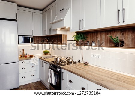 Stylish kitchen interior design. Luxury modern kitchen furniture in grey color and steel oven,fridge, sink, wooden tabletop, pots,. Gray cabinets in scandinavian style. Home renovation.