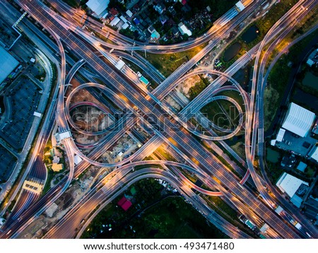 Highway junction in  Bangna, the east of Bangkok from aerial view in the night. Taken in August 2016.