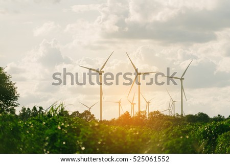Wind turbine farm - renewable energy, sustainable energy  and alternative energy. Sustainability concept.