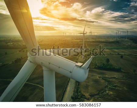 Wind turbine from aerial view. Sustainable development, environment friendly concept. Wind turbine give renewable energy, sustainable energy, alternative energy. Wind sustainability energy.
