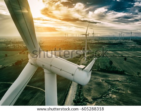 Wind turbine from aerial view - Sustainable development, environment friendly, renewable energy concept.