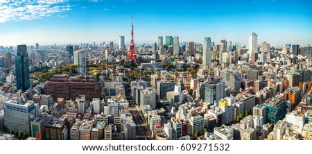 Panoramic view of Tokyo tower in Tokyo, Japan. Japan famous tourist destination. Aerial view of Tokyo tower. Japanese central business district, downtown building and tower in Tokyo, Japan cityscape.