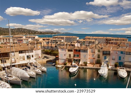 stock photo Port Grimaud with Bay of Saint Tropez background