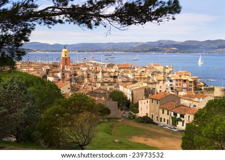 stock photo Saint Tropez with sea and boats from hillside overlooking town