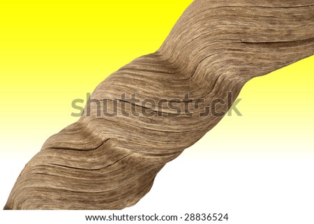 Driftwood with strong twisted grain and knots on yellow background with clipping path