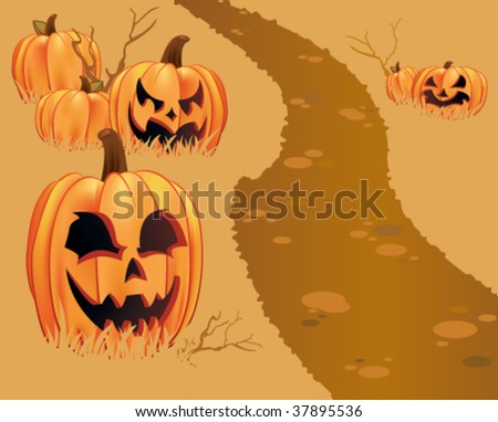 A pathway leads through a pumpkin patch filled with pumpkins and jack-O-lanterns.